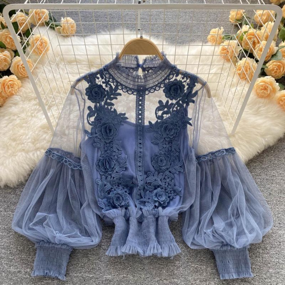 Korean Lifestyle - 2Pcs/Set Lace Puff Long Sleeve Blouse