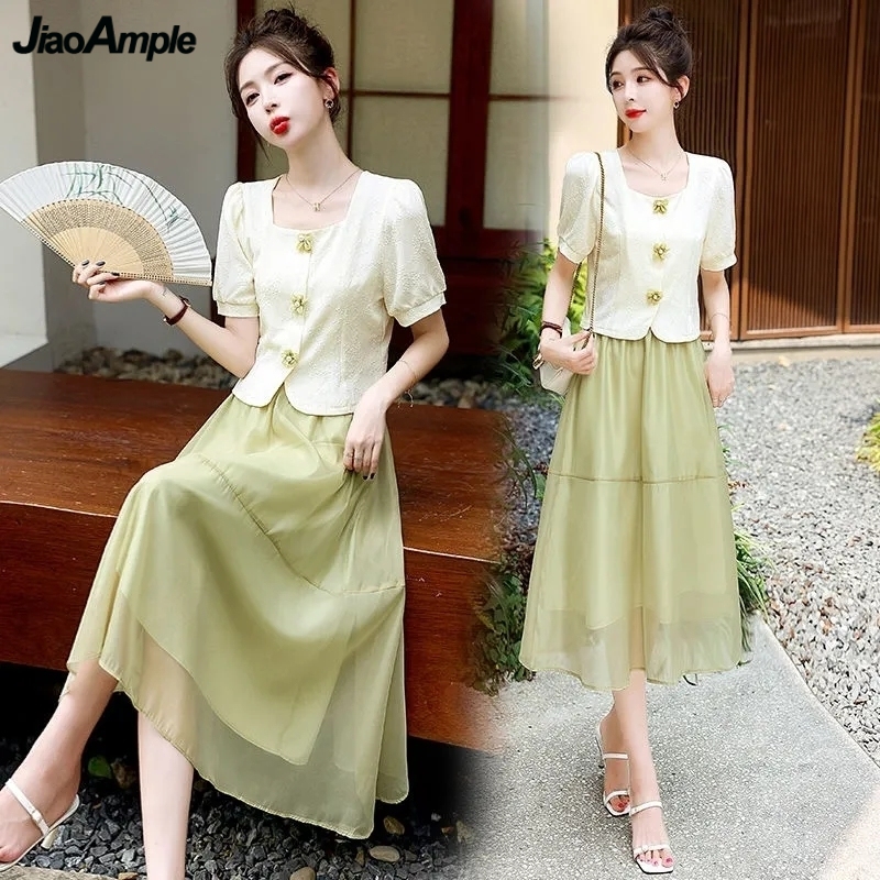 Korean Lifestyle - 2024 Summer Women Graceful Floral Green