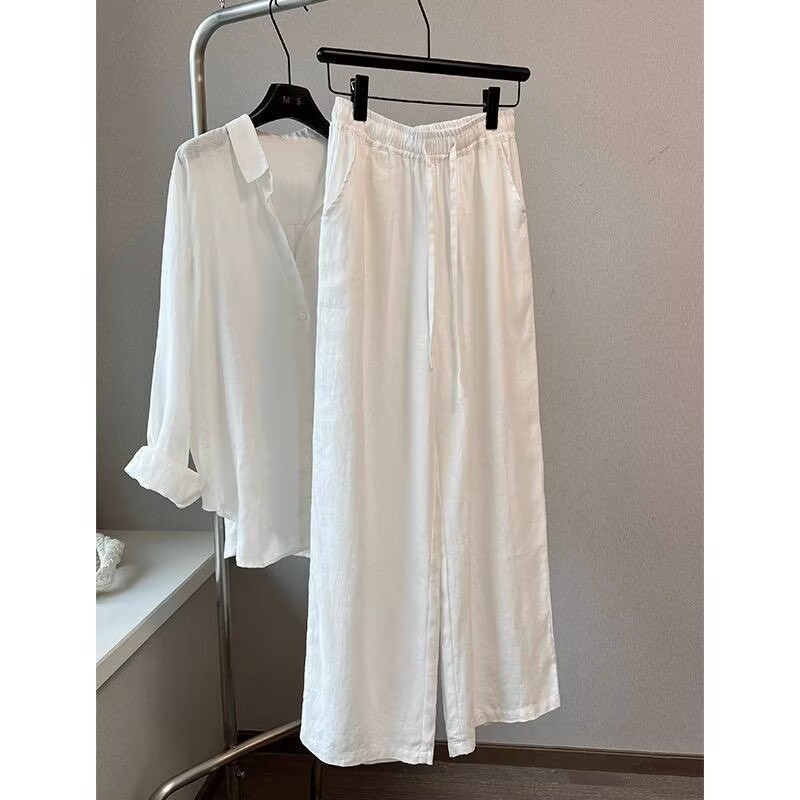 Korean Lifestyle - Korean White Cotton Linen Wide Leg