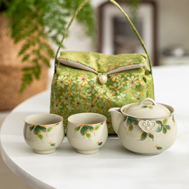 Korean Tea Set - Hand-Painted Osmanthus One Pot Two Cups