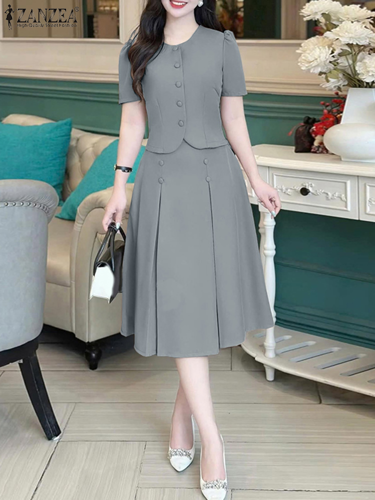 Korean Lifestyle - Pleated Skirts Sets Women Short Sleeve