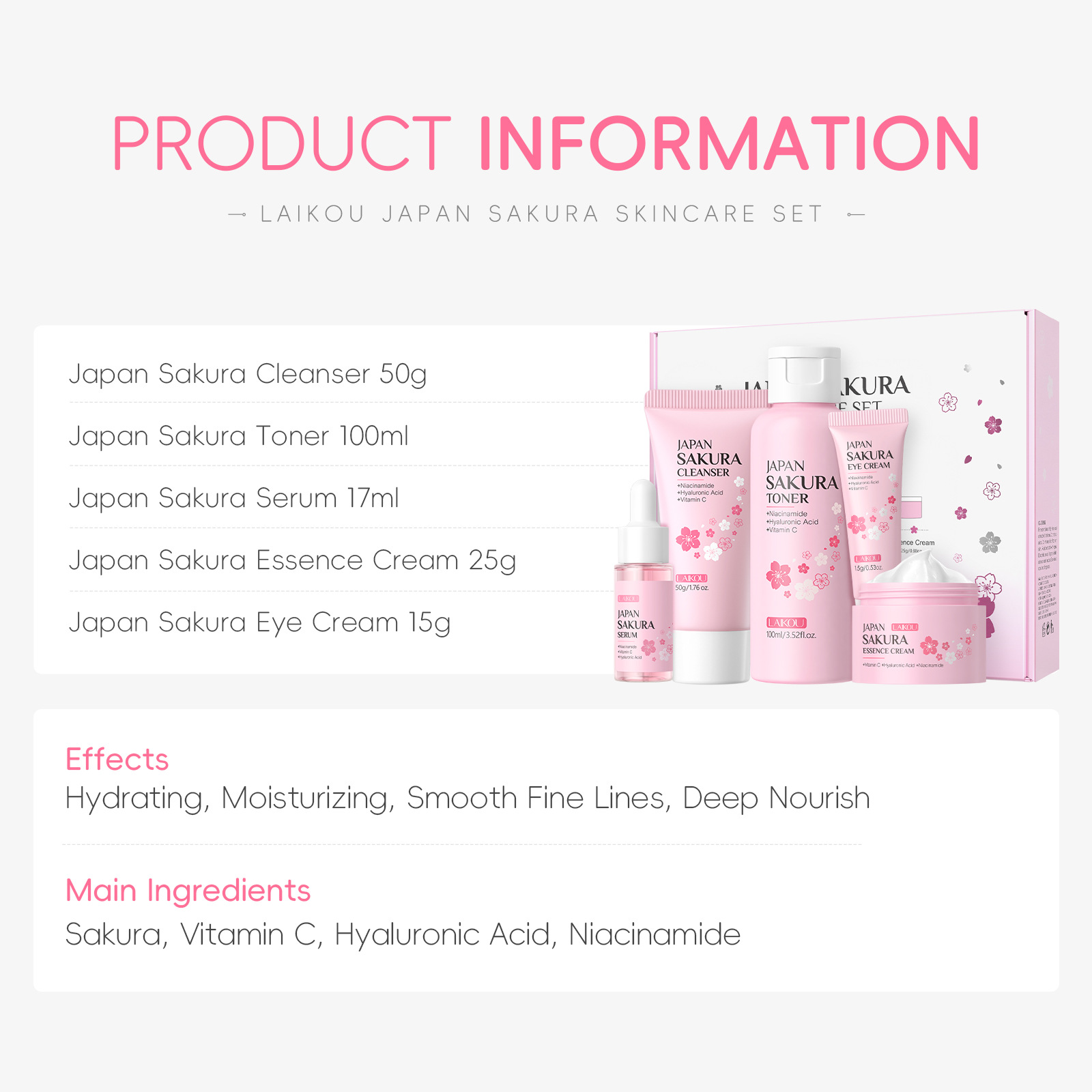 LAIKOU Sakura 5pcs Skin Care K - Essence Serum Toner 评论和价格